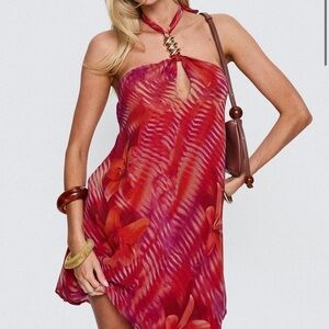 Red Halter Neck Dress with Floral Pattern